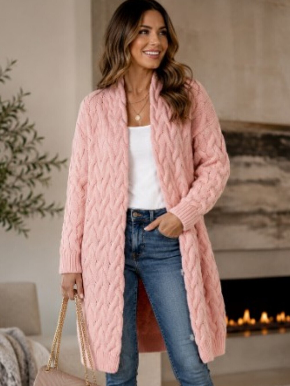 Pink Cable Knit Open Front Cardigan Sweater Relaxed Fit